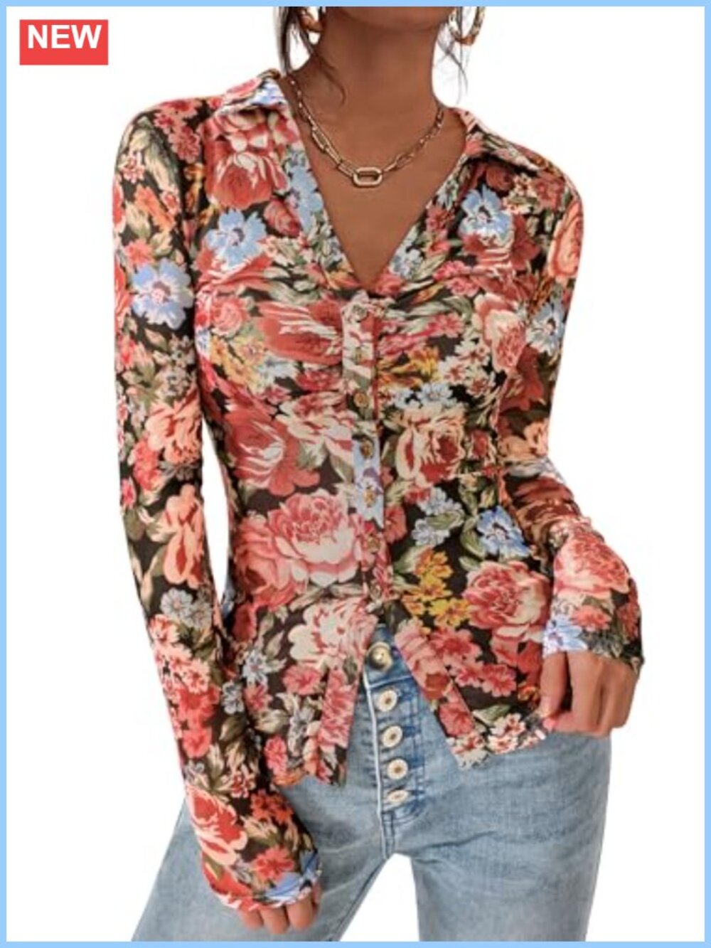 Women Floral Mesh Button Down Shirt V-Neck Long Sleeve Blouse Date Night
